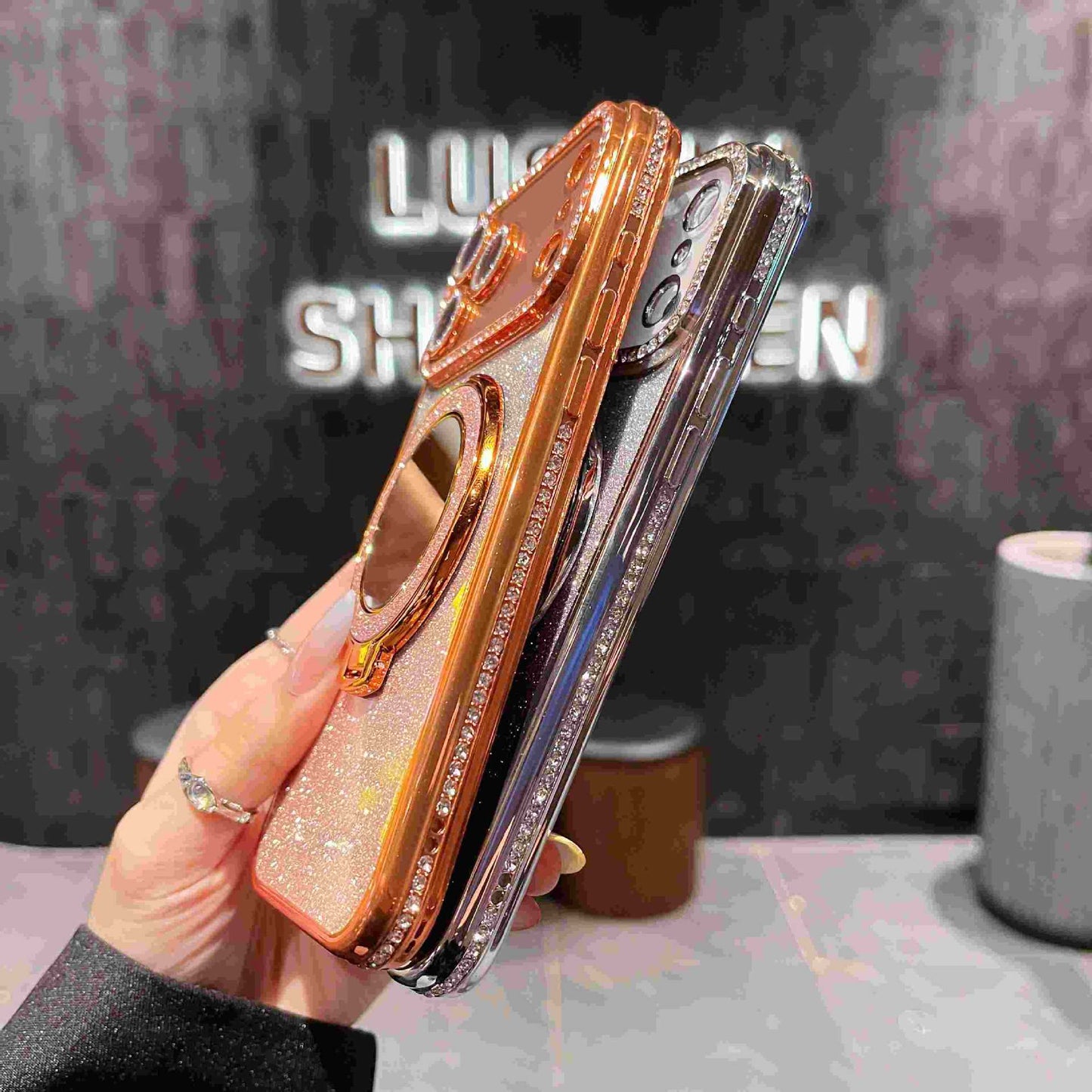 📲✨Gradient Glitter Holder Makeup Mirror Protective Case