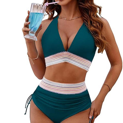 ☀️Rajoitetun ajan lomatarjous🏖️High Vyötäröiset vatsanhallintaväriset bikinisarjat Color Block Bikini Sets
